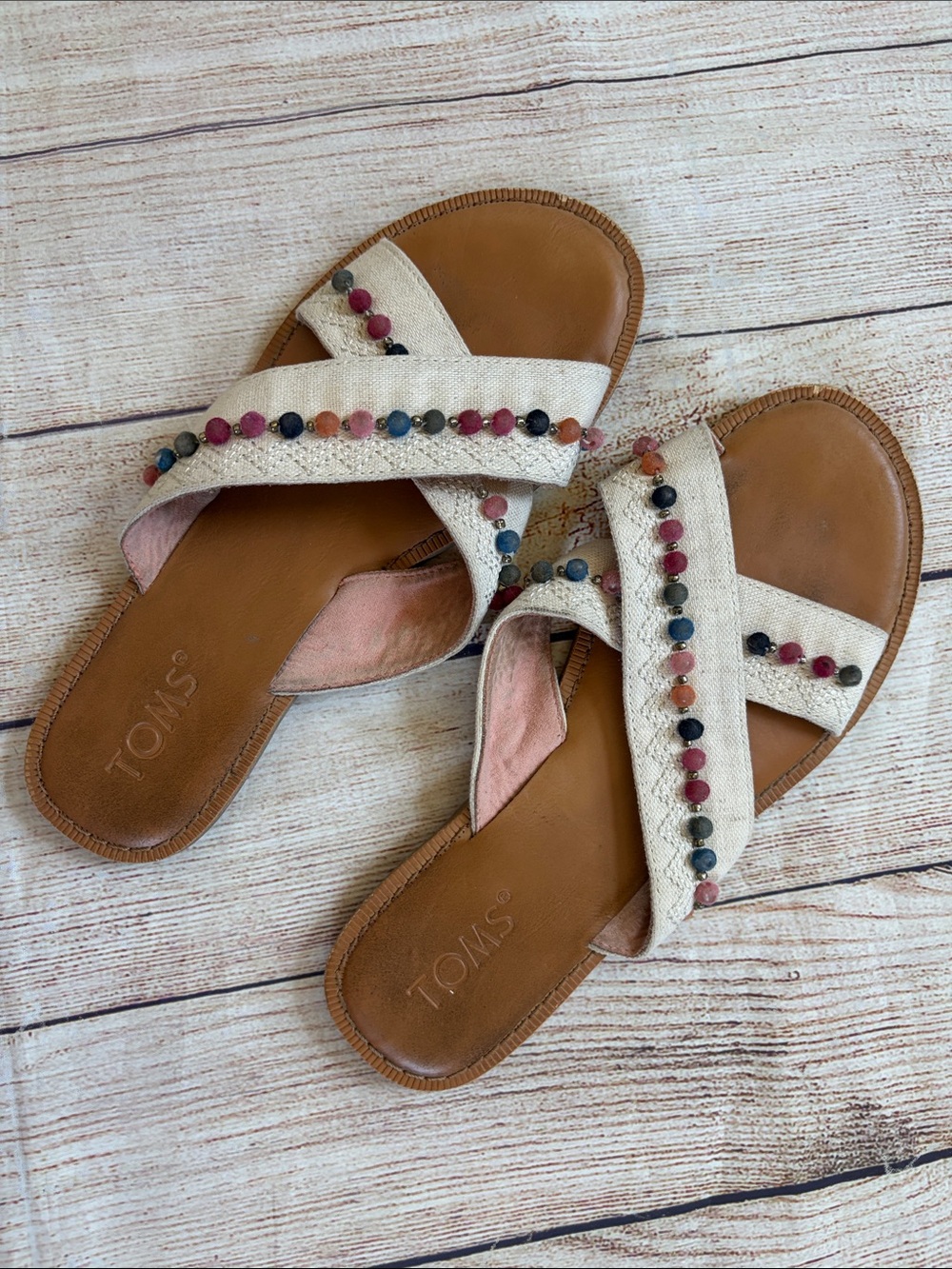 TOMS Cream Cross-Strap Sandals with Multicolor Bead Accents Size 7 W